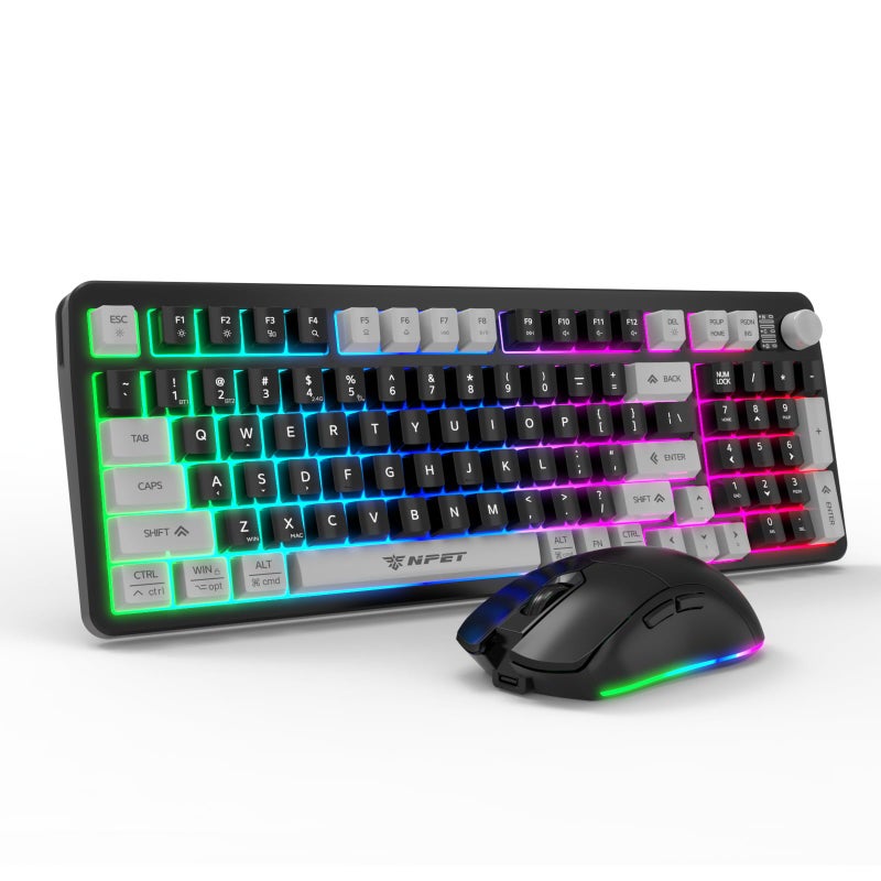 NPET Gaming Keyboard and Mouse Wireless with Tri-Mode, 98 Keys RGB Keyboard with Knob and Gaming Mouse, 12 Multimedia Keys for Wins, PC, Computer, Ideal for Gamer - Image 1