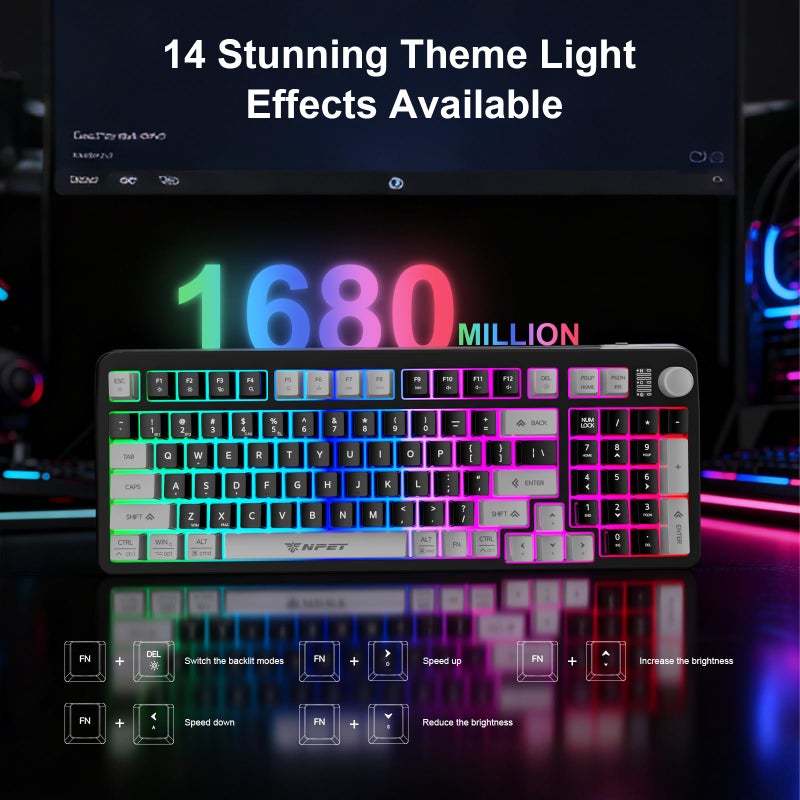 NPET Gaming Keyboard and Mouse Wireless with Tri-Mode, 98 Keys RGB Keyboard with Knob and Gaming Mouse, 12 Multimedia Keys for Wins, PC, Computer, Ideal for Gamer - Image 5