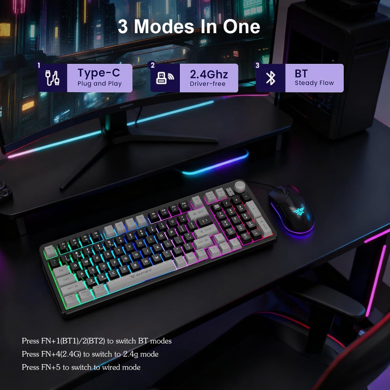 NPET Gaming Keyboard and Mouse Wireless with Tri-Mode, 98 Keys RGB Keyboard with Knob and Gaming Mouse, 12 Multimedia Keys for Wins, PC, Computer, Ideal for Gamer - Image 2