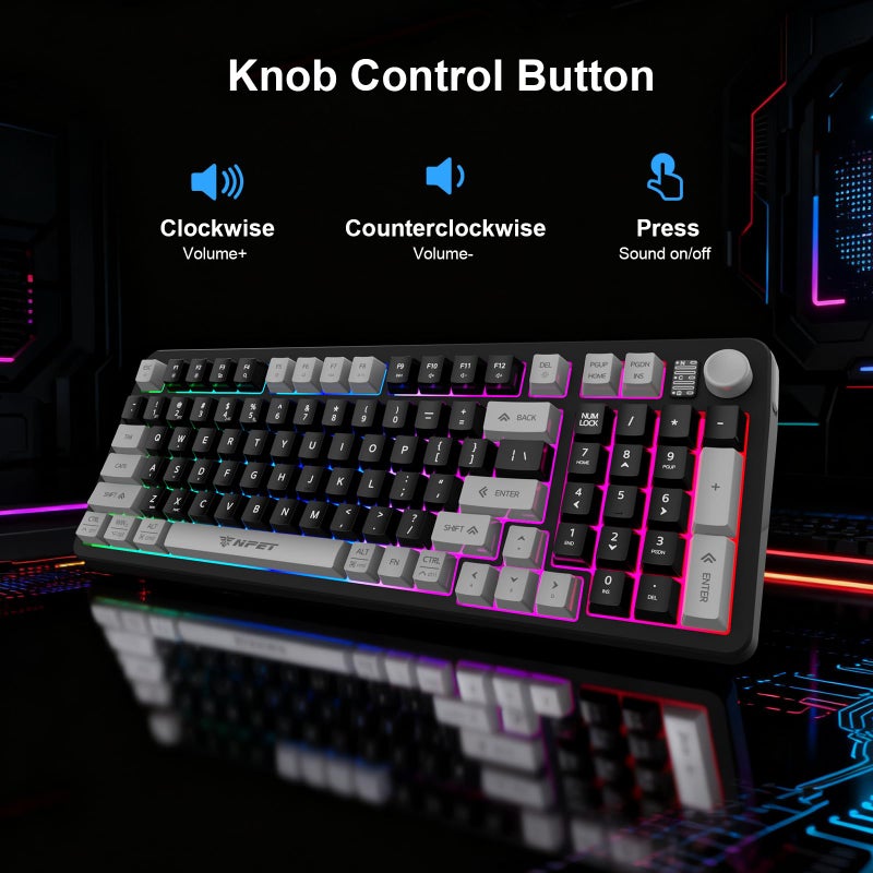 NPET Gaming Keyboard and Mouse Wireless with Tri-Mode, 98 Keys RGB Keyboard with Knob and Gaming Mouse, 12 Multimedia Keys for Wins, PC, Computer, Ideal for Gamer - Image 4