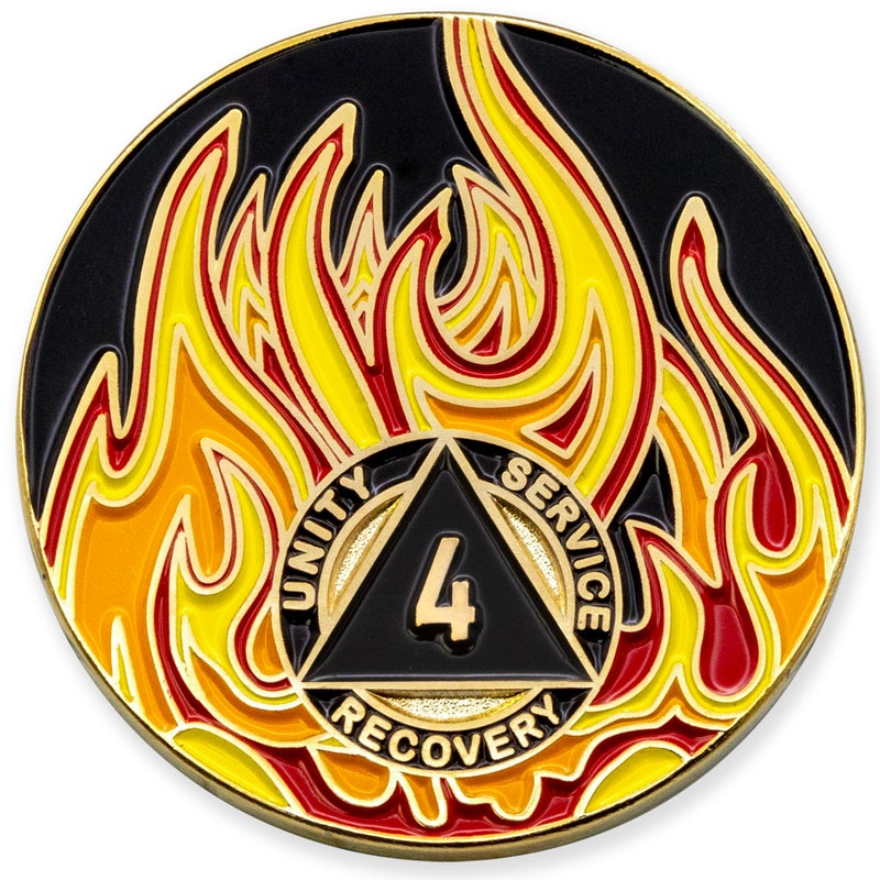 Sobriety Mint 4 Year Twisted Flames Gold Plated AA Recovery MedallionChip BlackRedOrangeYellow