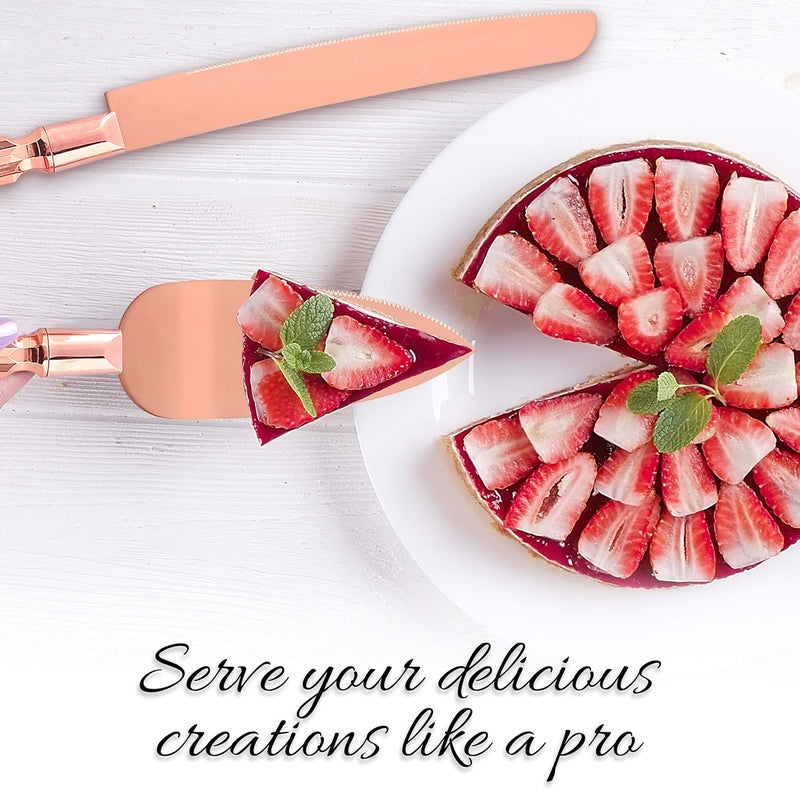 Homi styles Wedding Cake knife and Server Set | Elegant Rose Gold Color Premium 420 Stainless Steel plated Blades | Cake & Pie Serving Set for Wedding Cake, Birthdays, Anniversaries, Parties - Image 5