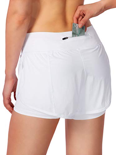 Soothfeel Women's 2 in 1 Running Shorts Workout Athletic Gym Yoga Shorts for Women with Phone Pockets White - Image 2