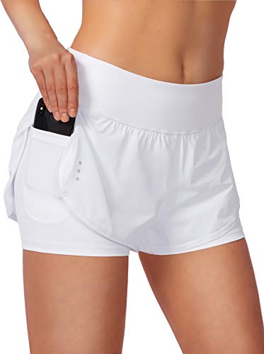 Soothfeel Women's 2 in 1 Running Shorts Workout Athletic Gym Yoga Shorts for Women with Phone Pockets White - Image 1