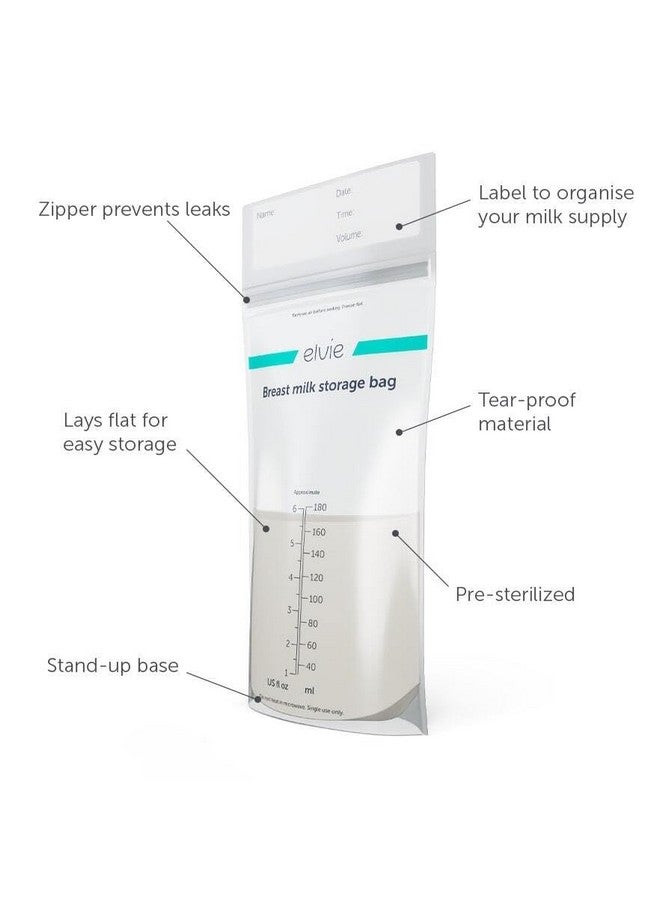 ايلفي أكياس تخزين حليب الثدي من Elvie لتخزين حليب الثدي وتجميده وتدفئته في المنزل أو أثناء التنقل l 200 كيس تخزين حليب الثدي المقاوم للتسرب سعة 6 أونصات l سحاب صحي مزدوج الإغلاق - Image 1