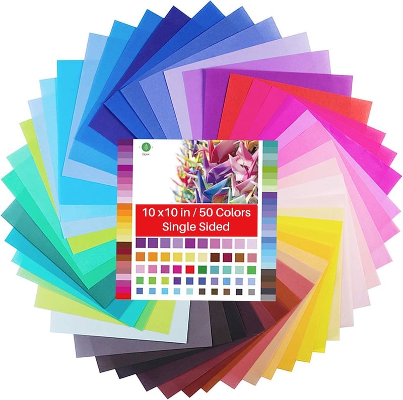 Opret Large Origami Paper 10x10, 50 Vivid Colors, 100 Sheets 10 inch Square Colored Paper, Single Sided Origami for Arts and Crafts Projects, 25x25cm - Image 1
