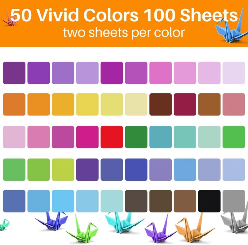 Opret Large Origami Paper 10x10, 50 Vivid Colors, 100 Sheets 10 inch Square Colored Paper, Single Sided Origami for Arts and Crafts Projects, 25x25cm - Image 2