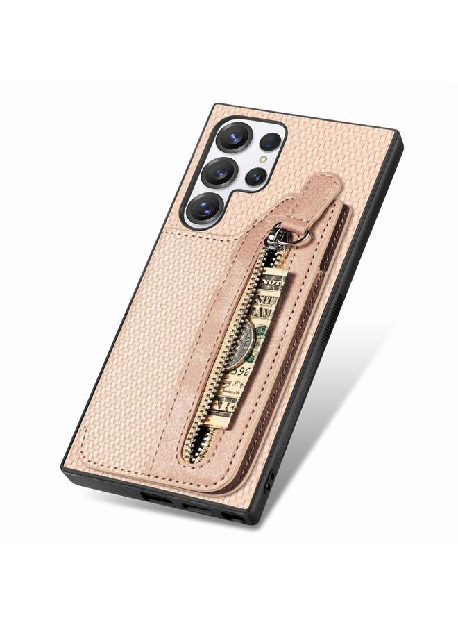 اس-توب جراب لهاتف Samsung Galaxy S25 Ultra 5G مصنوع من ألياف الكربون مع محفظة وسحاب أفقي - Image 4