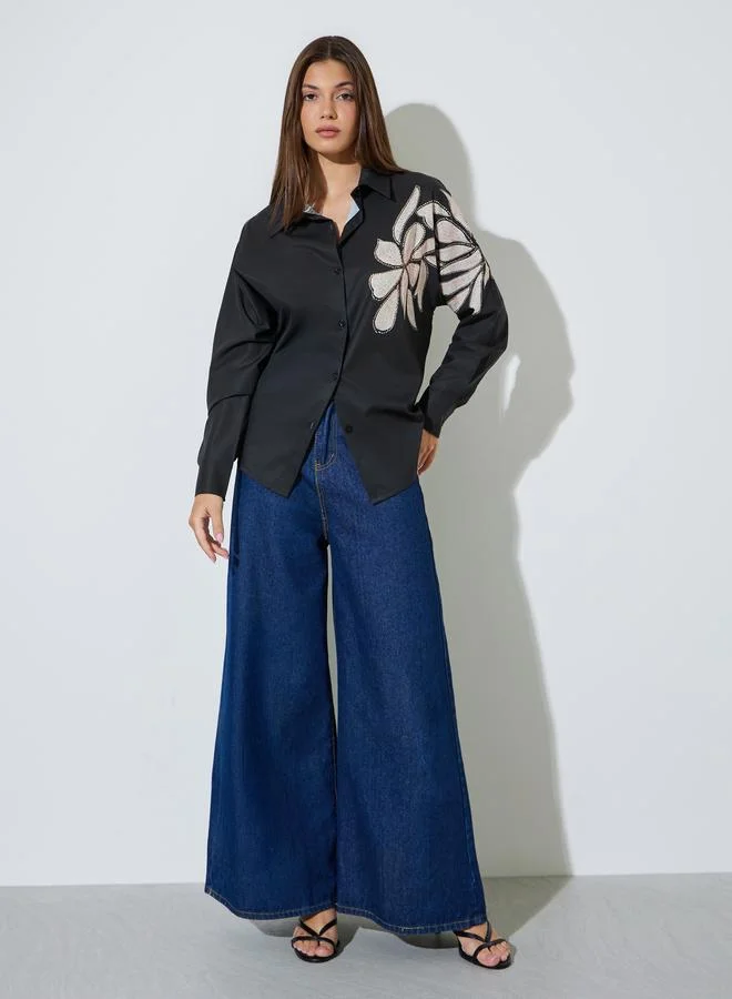 ستايلي Black Longline Embroidered Shirt