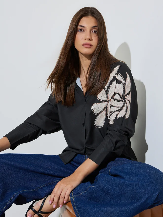 Styli Styli Black Longline Embroidered Shirt