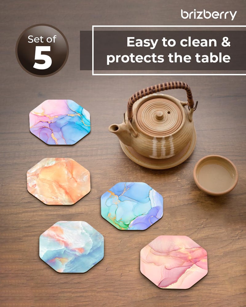 Brizberry® Brizcoast Premium Designer Printed Beautiful Wooden Coasters Fit for Tea Cups, Coffee Mugs and Glasses 4 6 12 (3.5X3.5 Inch) (Marble Octagon 1 (Set of 5) - Image 2