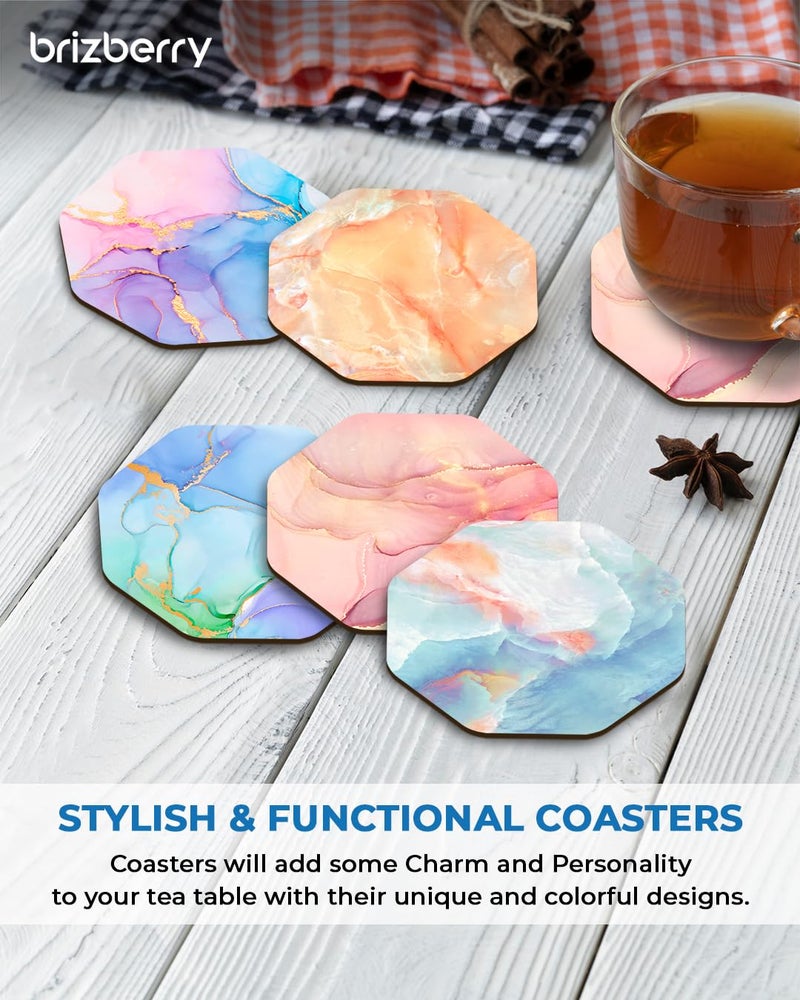 Brizberry® Brizcoast Premium Designer Printed Beautiful Wooden Coasters Fit for Tea Cups, Coffee Mugs and Glasses 4 6 12 (3.5X3.5 Inch) (Marble Octagon 1 (Set of 5) - Image 4