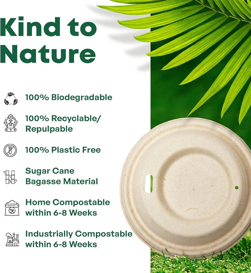 DISPOSABLE GREEN غطاء كوب لأكواب NEXTGEN، أغطية أكواب القهوة مناسبة لأكواب القهوة ذات الجدار الواحد، مصنوعة من لب قصب السكر، تناسب أكواب القهوة القابلة للتصرف بحجم 6 و8 أونصة، عبوة 50 قطعة - Image 3