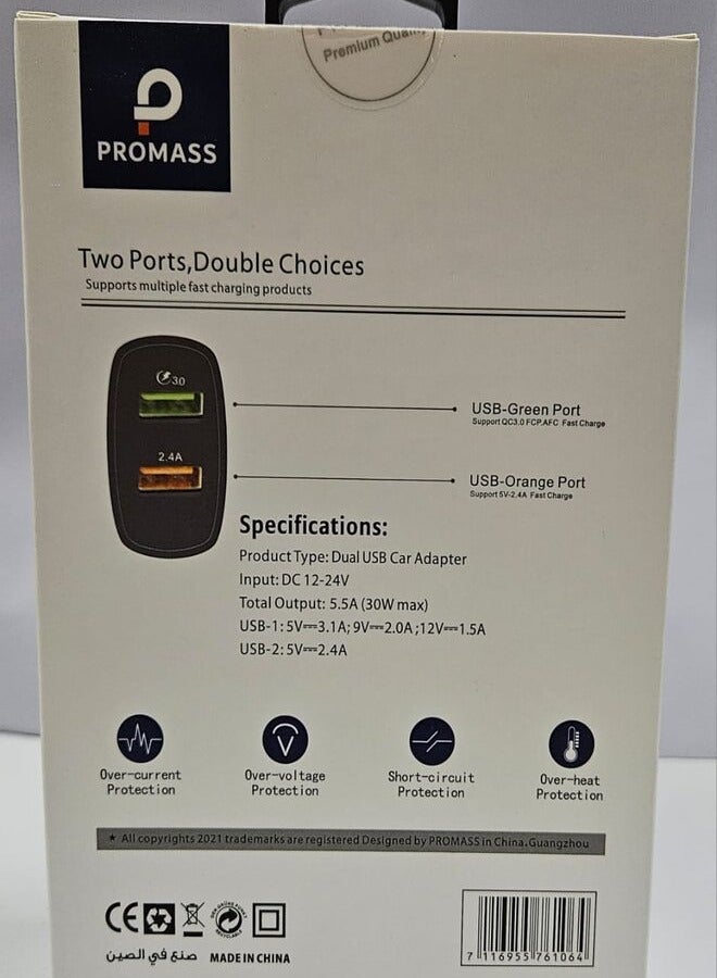 PROMASS Dual -Ports USB Car Adapter Output 30W QC3.0W Charger - Image 2