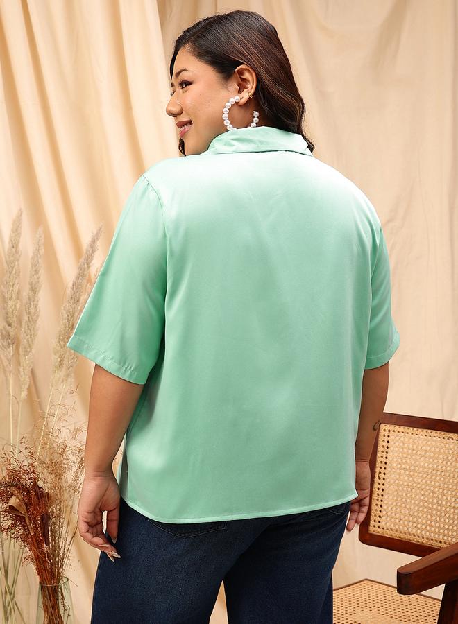 STREET 9 Plus Green Satin Shirt with Notch Collar - Image 5