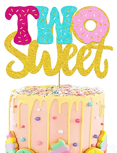 WPARHUS Donut Sweet Two Cake Topper Glitter Theme Sencond Happy Birthday Decorations for Girl Boy Baby Shower Party Supplies - Image 1