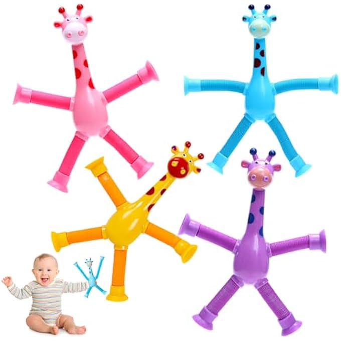 MUNSKT Pack of 4 Telescopic Suction Cup Giraffe Toy, Pop Tubes Sensory Giraffe Toy, Fidget Tubes, Telescopic Suction Cup Giraffe Toy, Stress Relief Toy for Children and Adults - Image 1