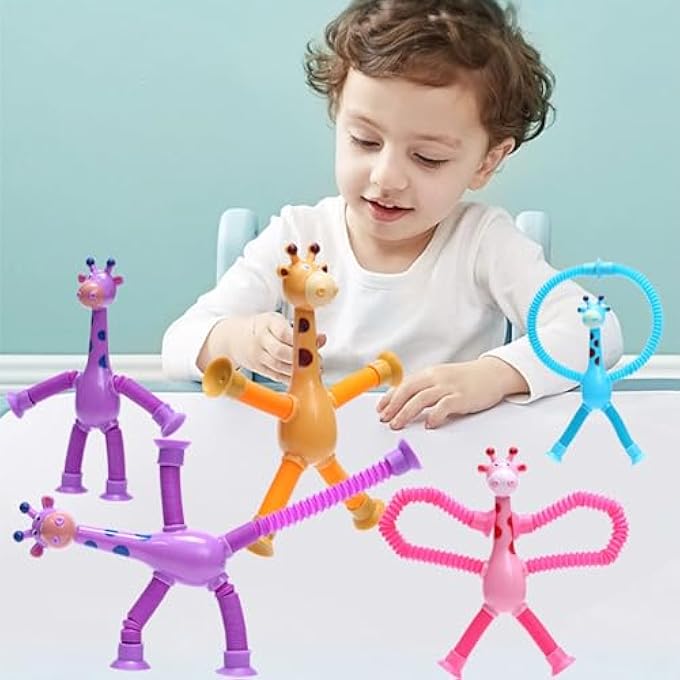 MUNSKT Pack of 4 Telescopic Suction Cup Giraffe Toy, Pop Tubes Sensory Giraffe Toy, Fidget Tubes, Telescopic Suction Cup Giraffe Toy, Stress Relief Toy for Children and Adults - Image 2