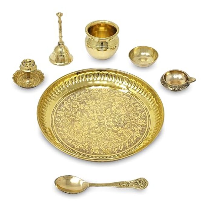 BENGALEN Brass Pooja Thali Set with Grey Gift Box 6 Inch Pital Plate Kalash Spoon Chandan Wati Dhup Dan Kuber Diya Ghanti Puja Arti Thali for Diwali Home Office Mandir Wedding Return Gifts - Image 5