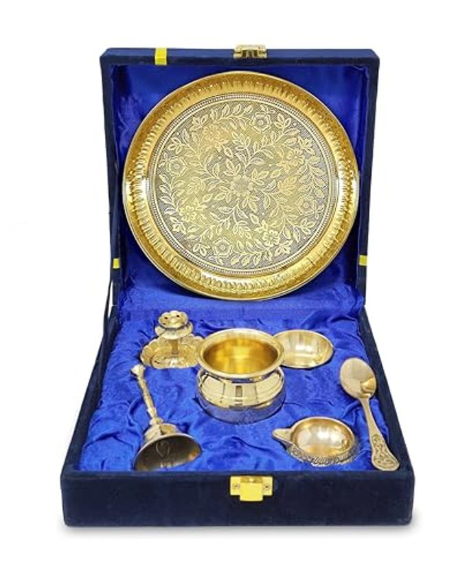 BENGALEN Brass Pooja Thali Set with Grey Gift Box 6 Inch Pital Plate Kalash Spoon Chandan Wati Dhup Dan Kuber Diya Ghanti Puja Arti Thali for Diwali Home Office Mandir Wedding Return Gifts - Image 4