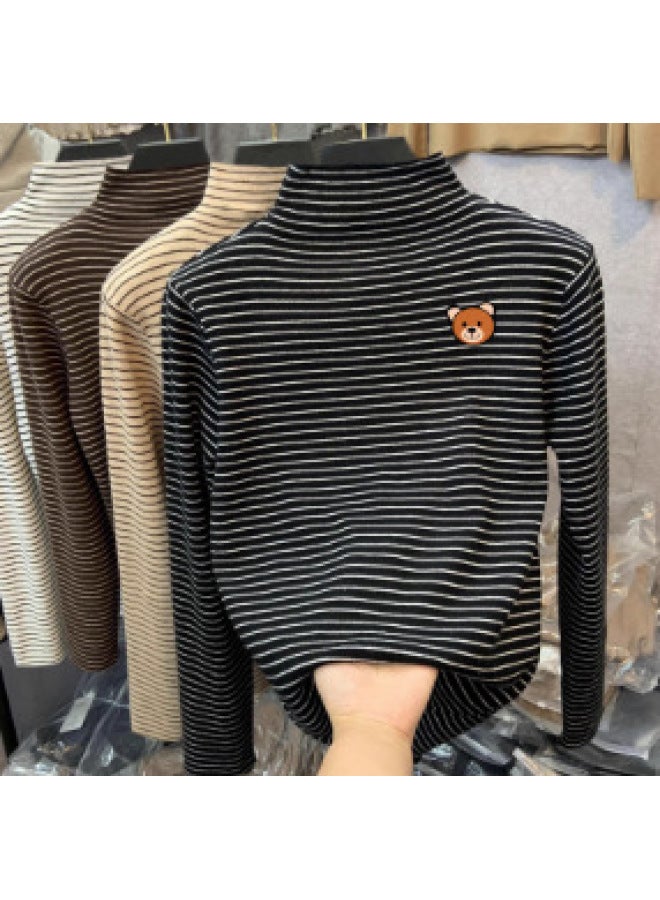 Boys And Girls German Velvet Inner Layering Shirt Autumn And Winter Medium And Large Kidsren's Half Turtleneck Long-sleeved T-shirt Stripesd Cartoon Top