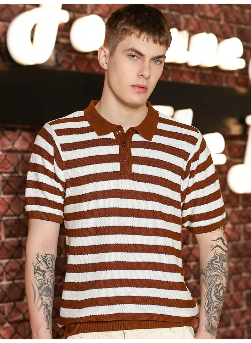 Maniac Maniac Mens Printed Round Neck Half Sleeve Brown Cotton Tshirt