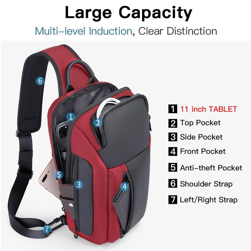 BANGE Waterproof Men's Chest Bag Shoulder bags Crossbody Sling Backpack (7566Red) - Image 2