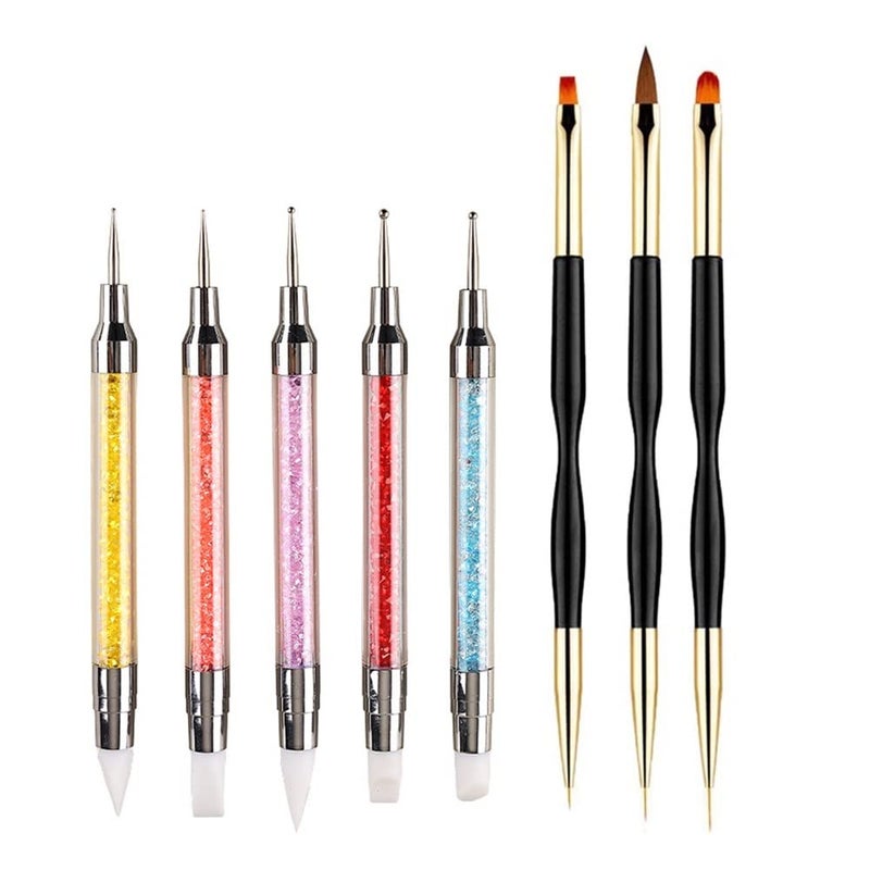 FULINJOY 5PCS Dual-Ended Nail Art Sculpture Pen Dotting Tools with 3PCS Nail Painting Brushes, Silicone Nail Polish Brushes Stainless Steel Carving Drawing Tool, Acrylic Rhinestone Handle - Image 1