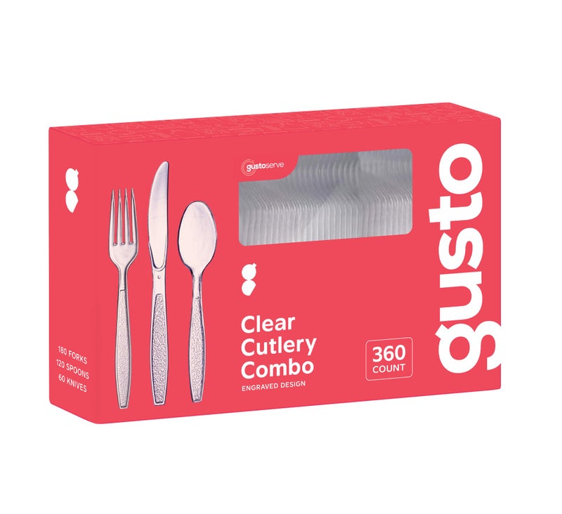 GUSTO 360 Combo Box Clear Plastic Silverware Heavy Weight Disposable Utensils  180 Forks 120 Spoons 60 Knives Perfect for Wedding Parties and Events  Formerly Comfy Package