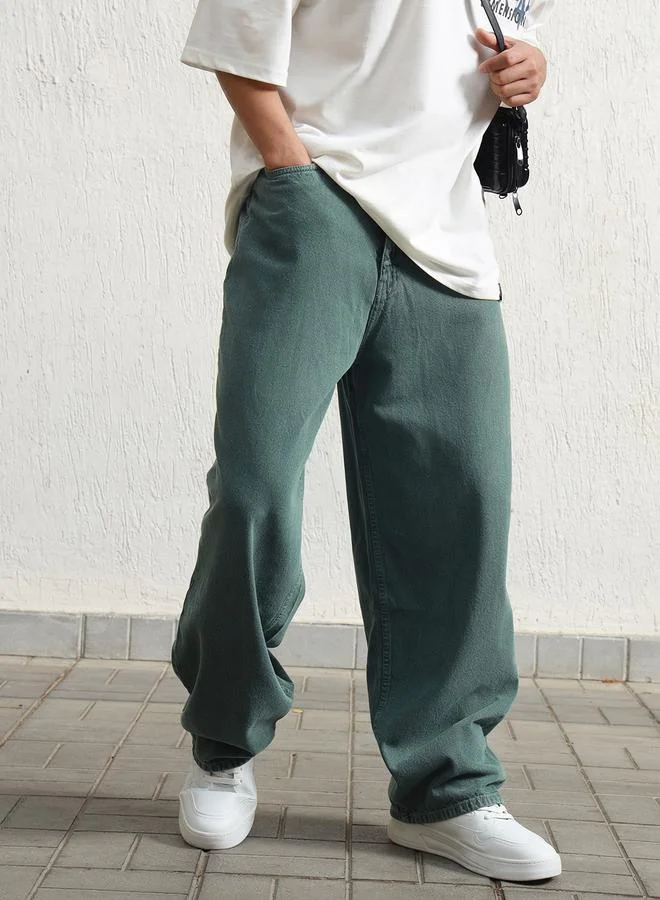 Hubberholme  Green Baggy Jeans Washed design crafted from 100% Cotton with Button closure. for Men | Best Price UAE