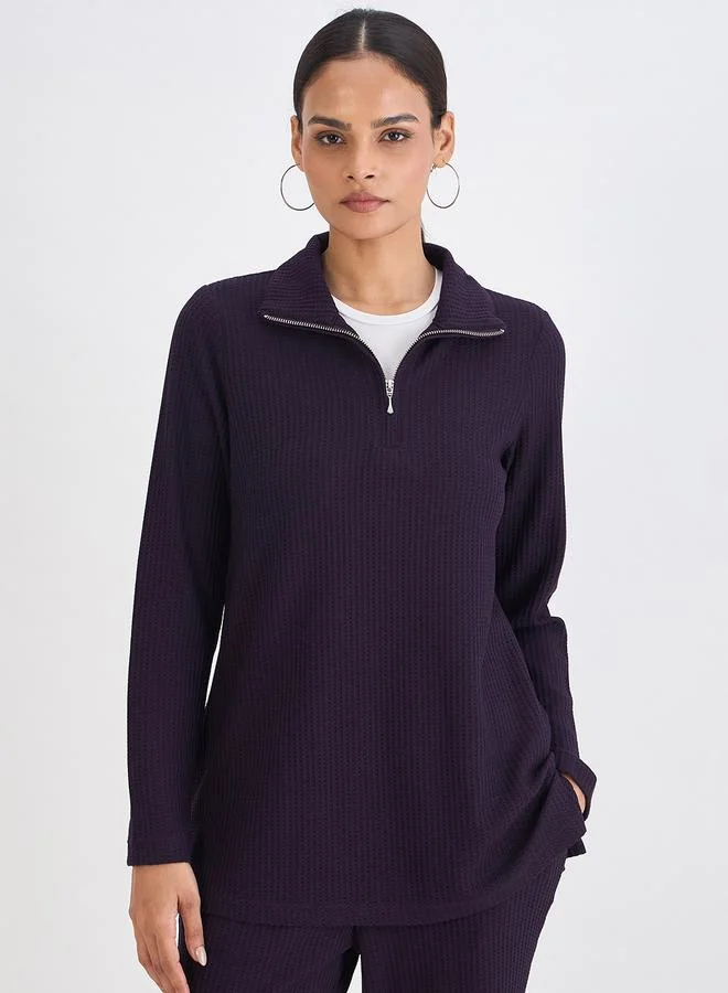 Women Deep Purple Waffle Knit High Neck Top