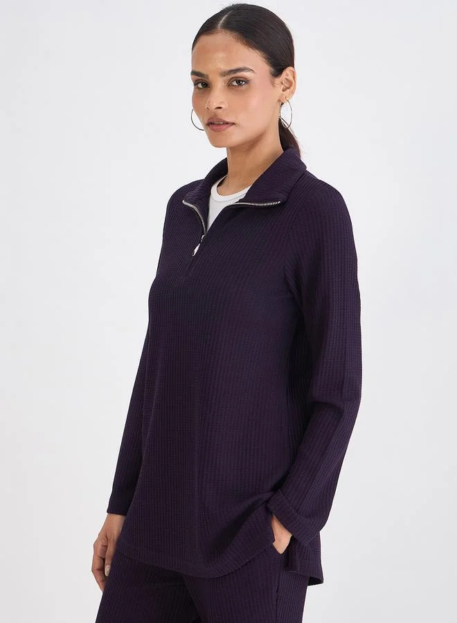 Femmella  Women Deep Purple Waffle Knit High Neck Top for Women | Best Price UAE