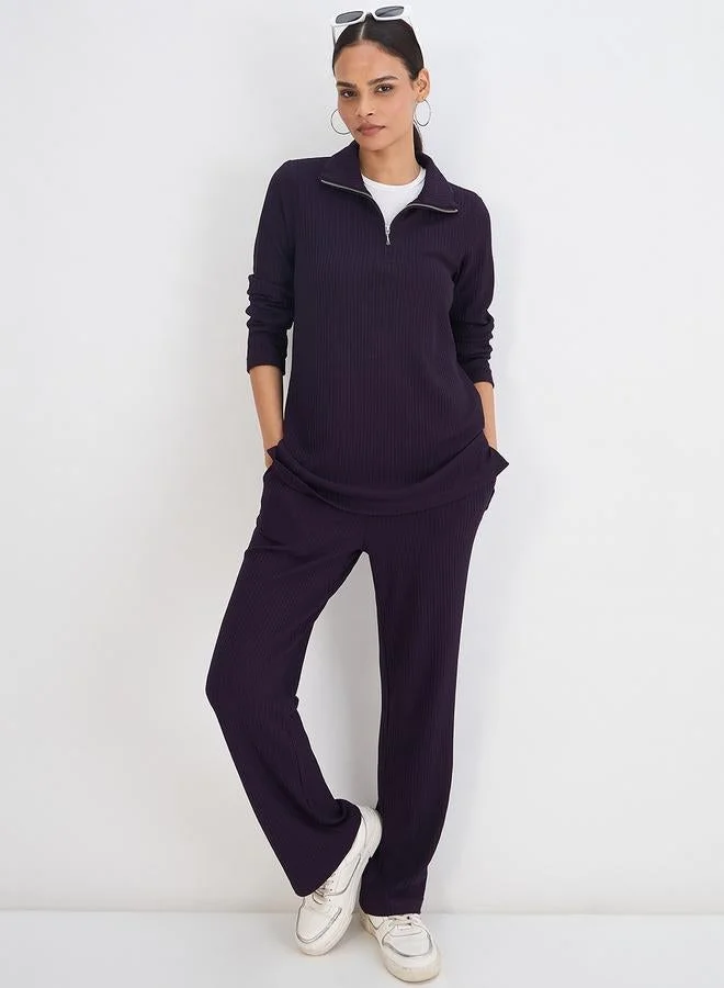 Femmella  Women Deep Purple Waffle Knit High Neck Top for Women | Best Price UAE