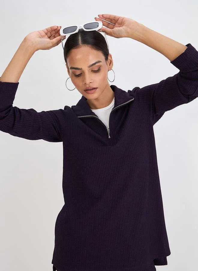 Femmella  Women Deep Purple Waffle Knit High Neck Top for Women | Best Price UAE