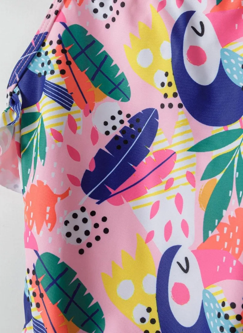 MINOTI Girls Tropical Parrot Print Swimsuit with Ruffle Straps