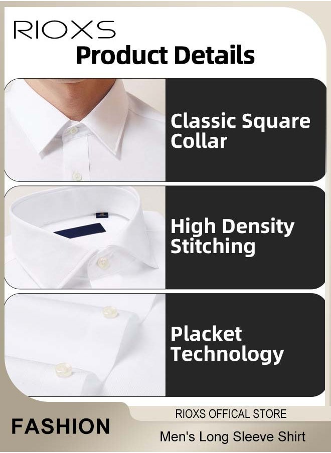 RIOXS - Men's White Long Sleeve Dress Shirt, Wrinkle Free Business Formal Shirt,  Slim Fit Button Down Shirt With Pocket, Mens Shirts For Office Wedding Party Graduation Ceremony - Image 1