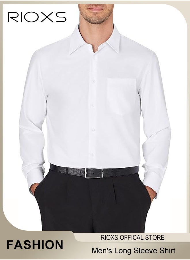 RIOXS - Men's White Long Sleeve Dress Shirt, Wrinkle Free Business Formal Shirt,  Slim Fit Button Down Shirt With Pocket, Mens Shirts For Office Wedding Party Graduation Ceremony - Image 1