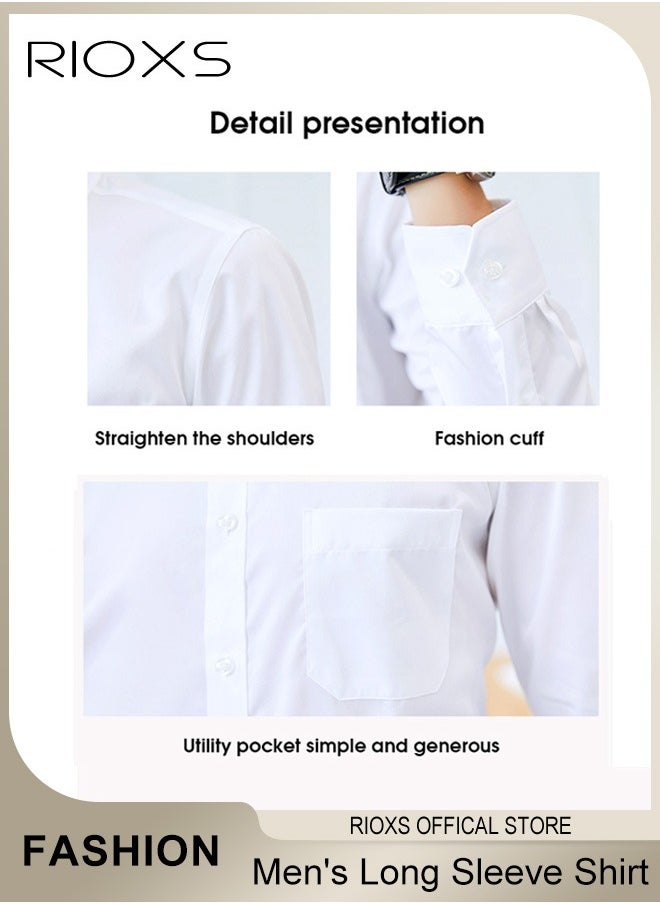 RIOXS - Men's White Long Sleeve Dress Shirt, Wrinkle Free Business Formal Shirt,  Slim Fit Button Down Shirt With Pocket, Mens Shirts For Office Wedding Party Graduation Ceremony - Image 1
