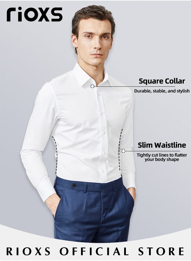 RIOXS - Men's White Long Sleeve Dress Shirt, Wrinkle Free Business Formal Shirt,  Slim Fit Button Down Shirt With Pocket, Mens Shirts For Office Wedding Party Graduation Ceremony - Image 1