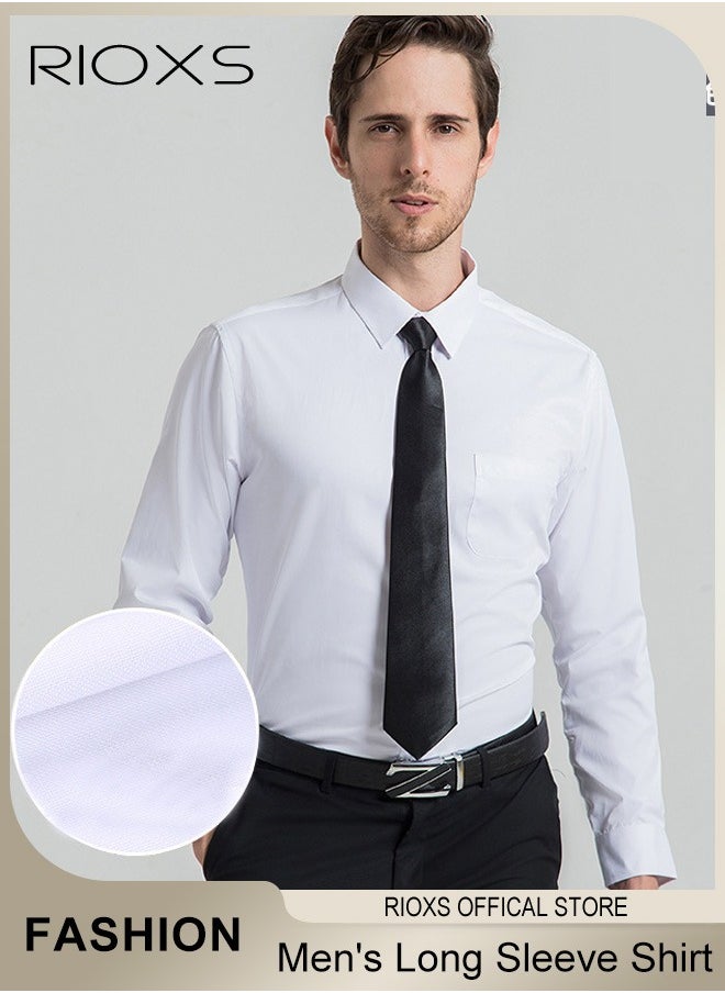 RIOXS - Men's White Long Sleeve Dress Shirt, Wrinkle Free Business Formal Shirt,  Slim Fit Button Down Shirt With Pocket, Mens Shirts For Office Wedding Party Graduation Ceremony - Image 1