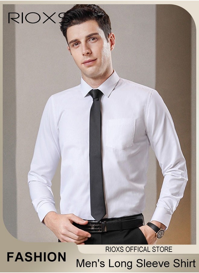 RIOXS - Men's White Long Sleeve Dress Shirt, Wrinkle Free Business Formal Shirt,  Slim Fit Button Down Shirt With Pocket, Mens Shirts For Office Wedding Party Graduation Ceremony - Image 1