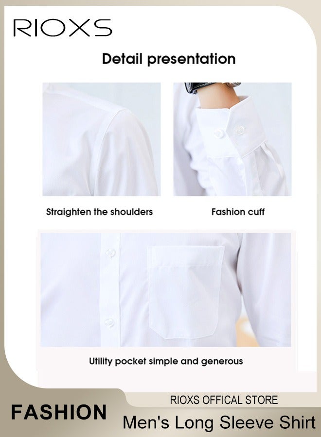 RIOXS Men's Dress Shirt, Slim Fit Long Sleeve Wrinkle Free Business Formal Shirt for Men, Breathable Stretch Button Down Shirt with Pocket, Solid Mens Business Casual Shirts for Office Wedding Party Graduation Ceremony, White - Image 4