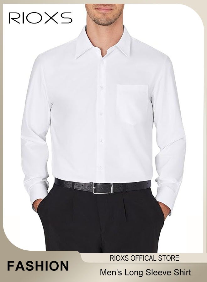 RIOXS Men's Dress Shirt, Slim Fit Long Sleeve Wrinkle Free Business Formal Shirt for Men, Breathable Stretch Button Down Shirt with Pocket, Solid Mens Business Casual Shirts for Office Wedding Party Graduation Ceremony, White - Image 1