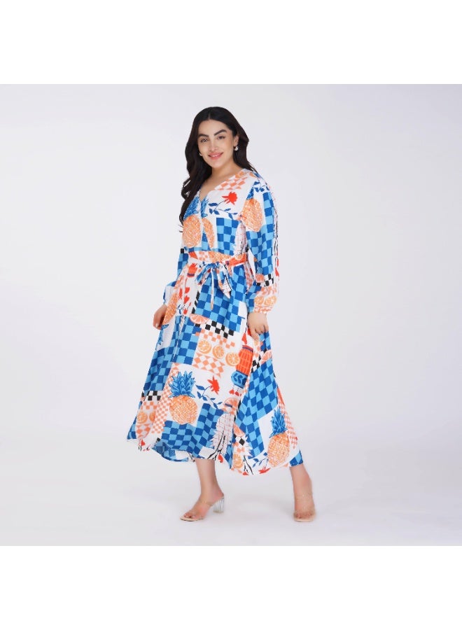 Linelle Blue base Colorful Patch Print- V-Neck Maxi Dress with Belted Waist. - Image 4