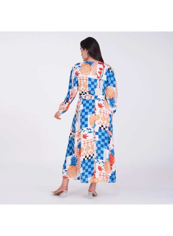 Linelle Blue base Colorful Patch Print- V-Neck Maxi Dress with Belted Waist. - Image 2