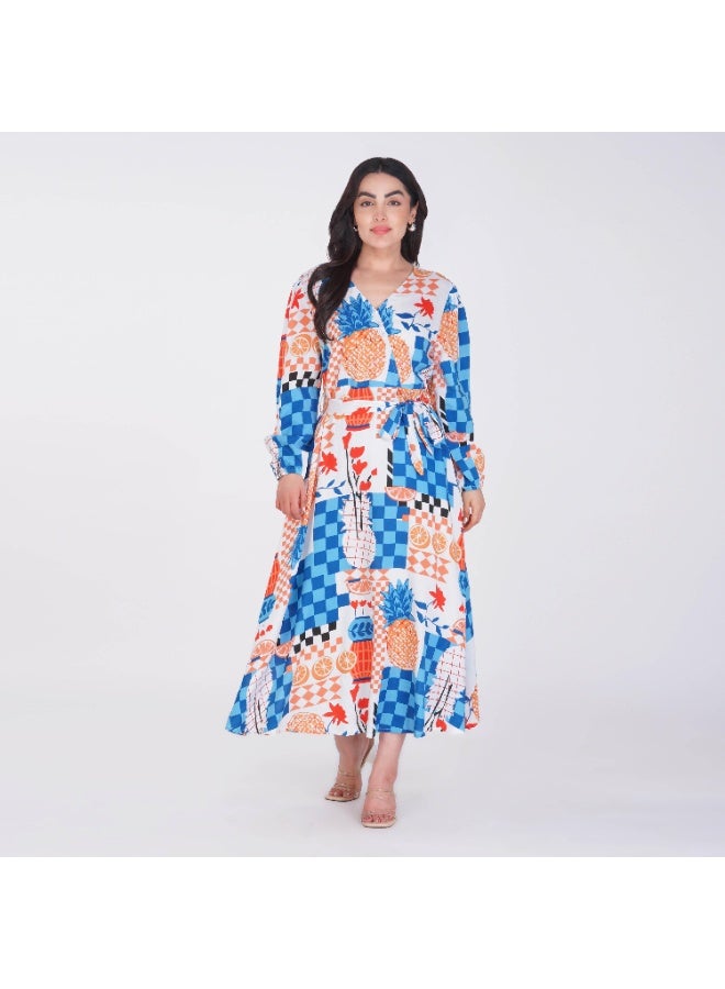 Linelle Blue base Colorful Patch Print- V-Neck Maxi Dress with Belted Waist. - Image 3