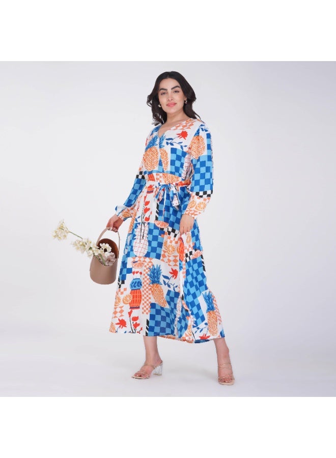 Linelle Blue base Colorful Patch Print- V-Neck Maxi Dress with Belted Waist. - Image 1