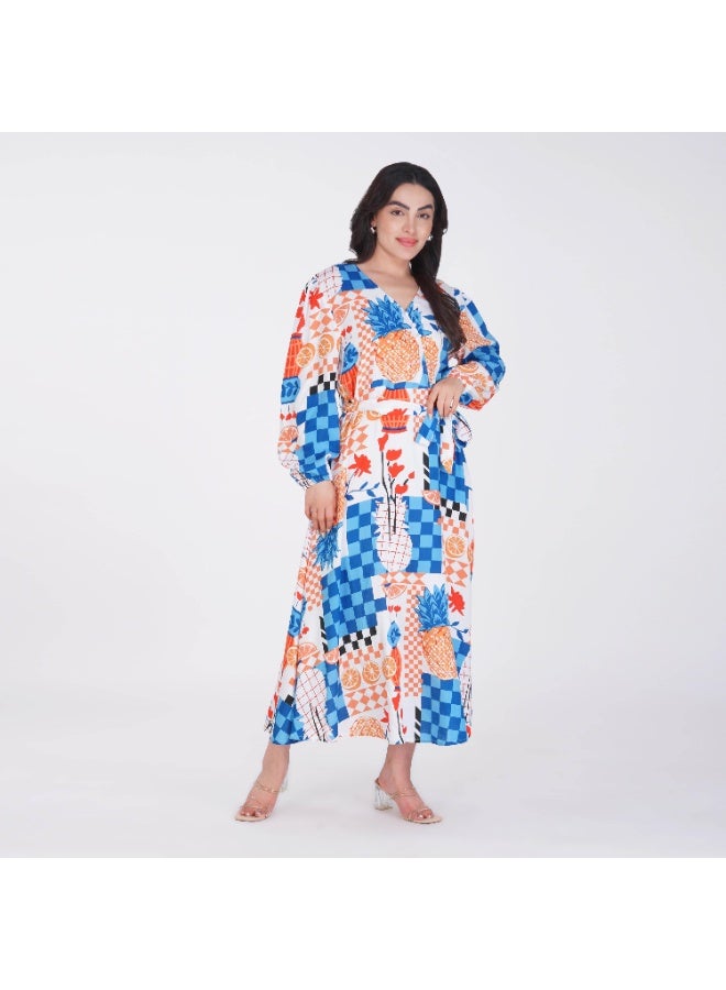 Linelle Blue base Colorful Patch Print- V-Neck Maxi Dress with Belted Waist. - Image 5