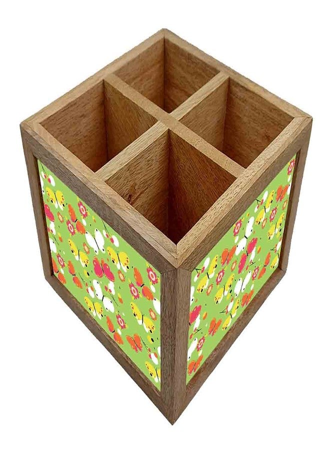 Nutcase Wooden Cutlery Stand Holder Silverware Caddy Spoons Forks Knives Organizer for Dining Table & Kitchen -Made in India-Spoons NOT Included - Green Butterfly - Image 2