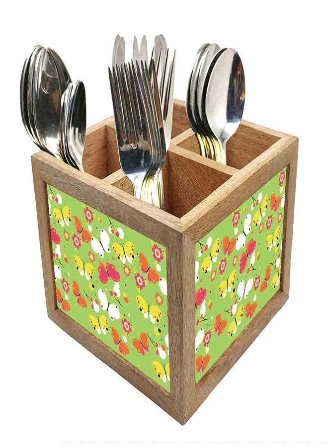 Nutcase Wooden Cutlery Stand Holder Silverware Caddy Spoons Forks Knives Organizer for Dining Table & Kitchen -Made in India-Spoons NOT Included - Green Butterfly - Image 1